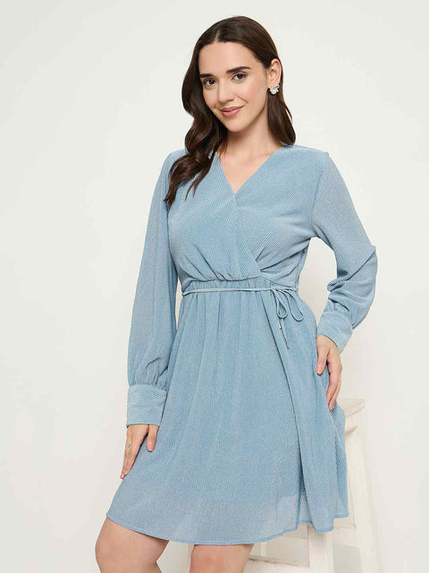 Madame Surplice Neck Blue Mini Dress