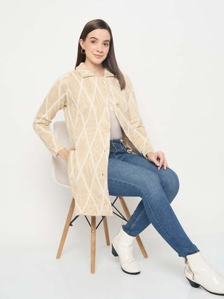 Madame Geometric Print Long Beige Cardigan