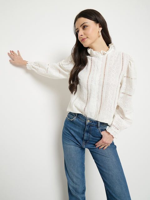 Madame Off White Lace Detailed Cotton Top