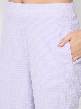 Madame Embroidered Shirt with Crop Tank and Wide-Leg Pants Three Piece Lilac Co-ord Set