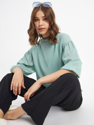 Madame Embellished Neckline Turtle Neck Solid Mint Green Top