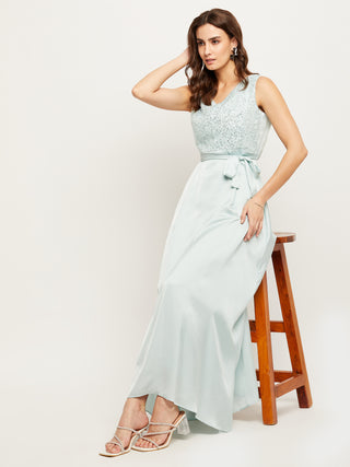 Madame Blue Embellished Tie-Waist Fit-Flare Dress