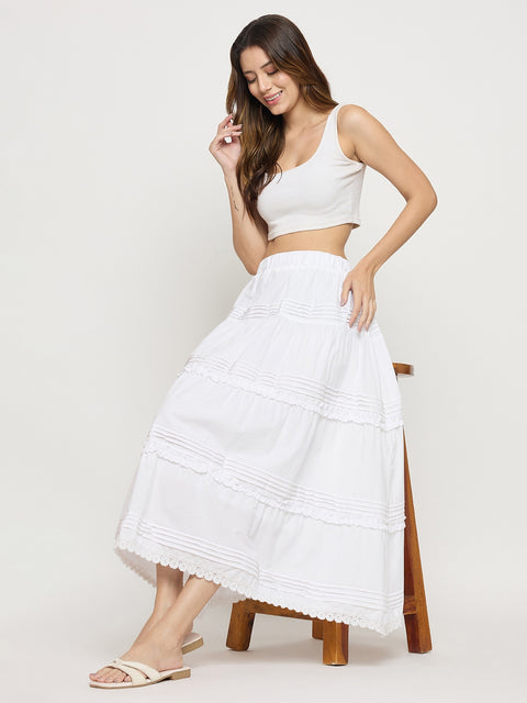Madame White Cotton Lace Detail Flared Cropped Skirt