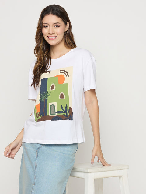 Madame White Graphic Print Cotton Round Neck T-Shirt