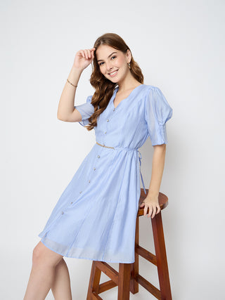 Madame Textured Belted Blue Mini A Line Dress