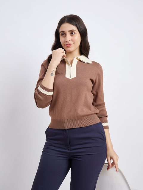 Madame Brown Contrast Trim Knit Top