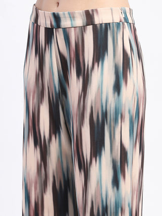 Madame Knit Moss Printed Belted Top And Bottom Beige Co-Ord Set