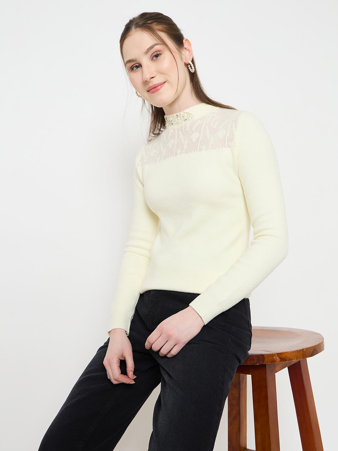 Madame Mock Neck Embellished Off White Sweater color swatch