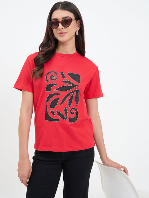 Madame Red Cotton Printed Half-Sleeve T-Shirt