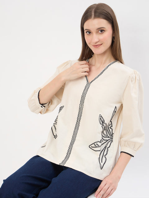 Madame Embroidery Beige Cotton Blend Top