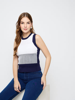 Madame Colourblock Sleeveless Navy Blue Knitted Top