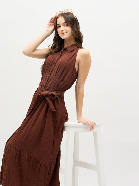 Madame Chocolate Brown Sleeveless Maxi Shirt Dress