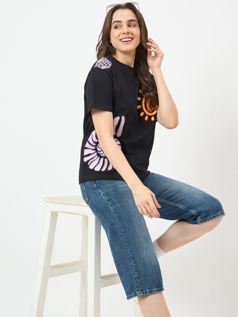 Madame Black Cotton Slim-Fit Half-Sleeve T-Shirt
