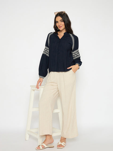 Madame Straight Fit Solid Beige Rayon Blend Trousers