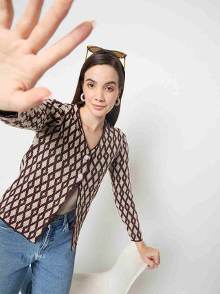 Madame Geometric Print Button Up Wine Red Cardigan