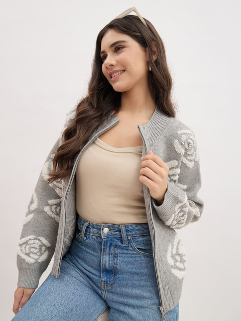 Madame Floral Design Printed Grey Sweater