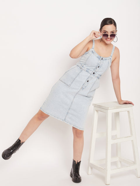 Madame Light Blue Denim Sleeveless Shift Dress