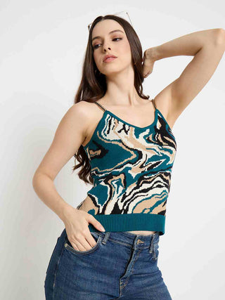 Madame Abstract Print Teal Cami Crop Sweater