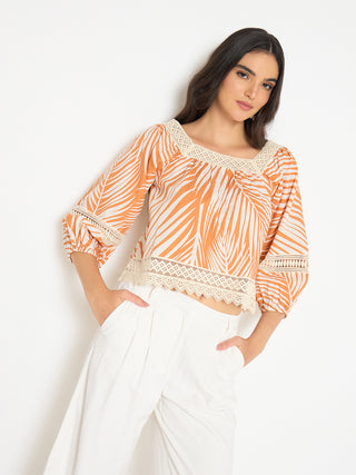 Madame Botanical Print Cotton Blend Warm Amber Top