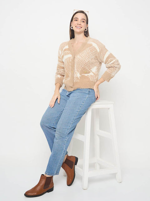 Madame Abstract Print Button Up Camel Brown Sweater