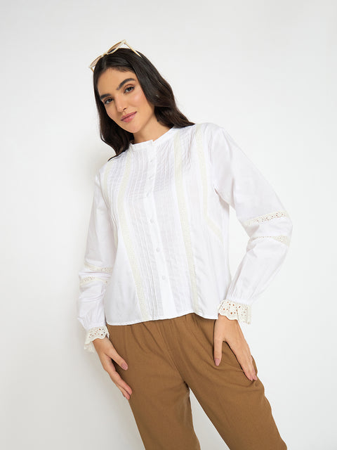 Madame Solid White Puff Sleeve Cotton Shirt