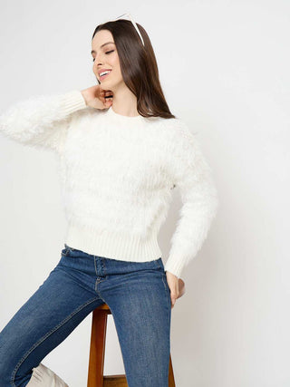 Madame Faux Fur Textured Pullover Off White Sweater