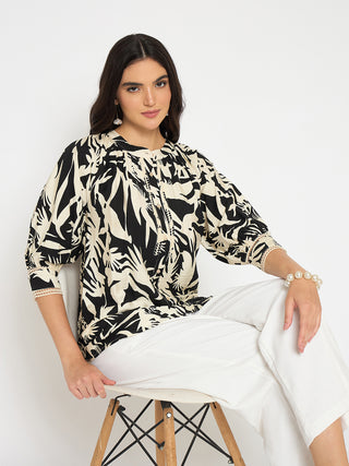 Madame Botanical Print Black Rayon Blend Top
