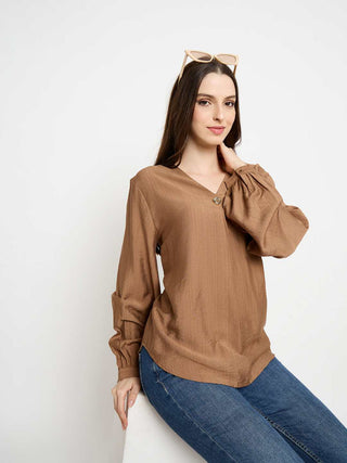 Madame Gold Button Detail Chocolate Brown Top