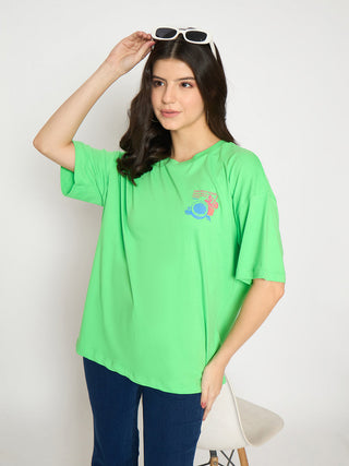 Madame Print Detailing Round Neck Green Cotton T-shirt