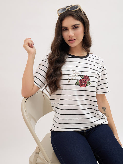 Madame Off White Striped with Print Half Sleeve T-Shirt