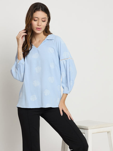Madame Blue Printed Collar Puff Sleeve Top
