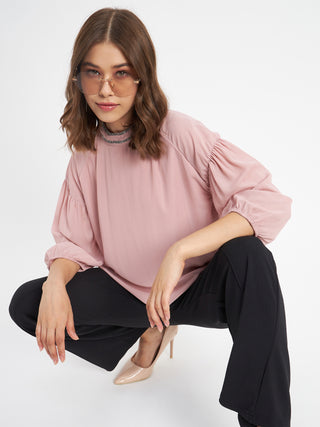 Madame Embellished Neckline Turtle Neck Solid Pink Top