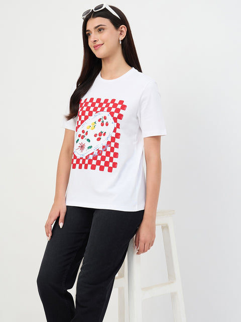 Madame White Printed Crew Neck Cotton T-Shirt