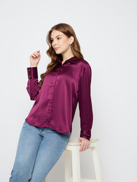 Madame Solid Plum Satin Shirt