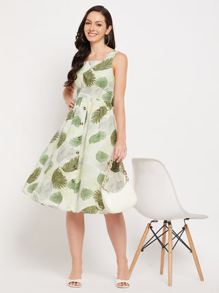 Madame Green Printed Fit & Flare Dress