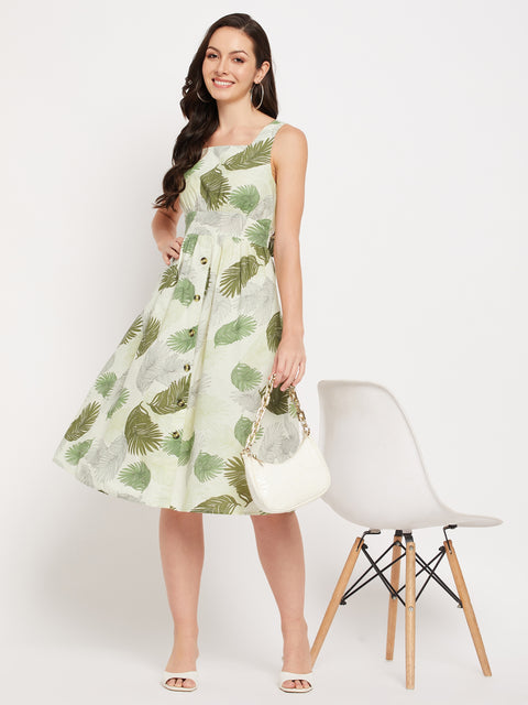 Madame Green Printed Fit & Flare Dress