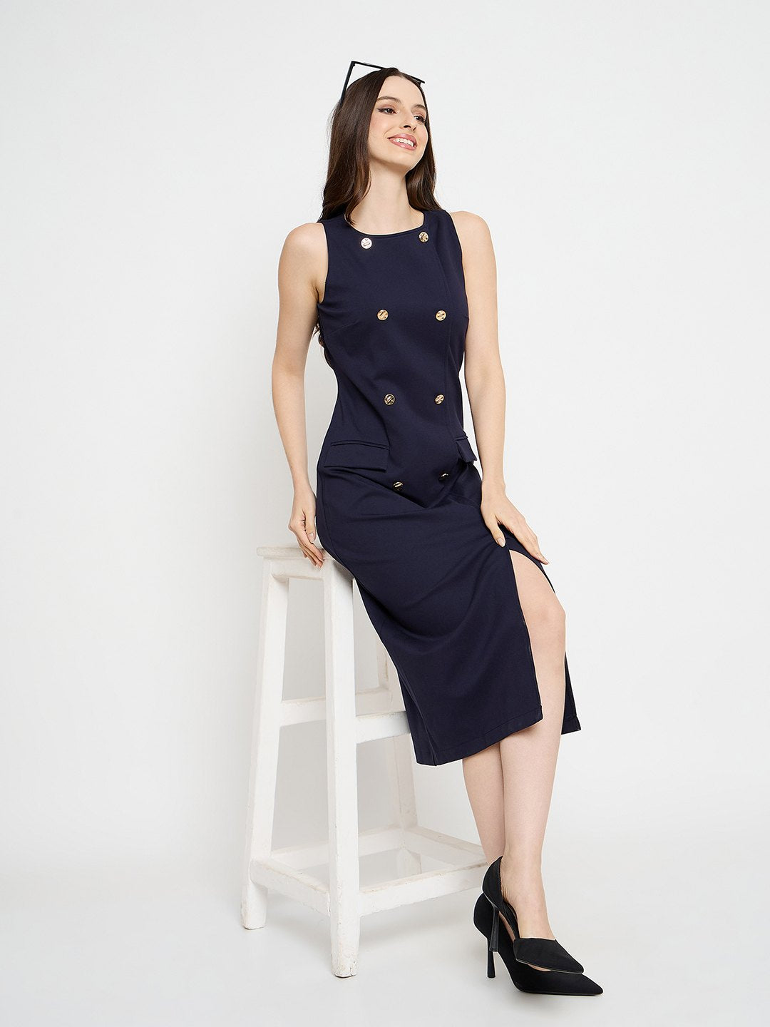 Madame Double Breasted Navy Blue Midi Dress color swatch