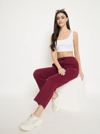 Madame Typography Print Wine Red Cotton Blend Track Bottoms