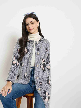 Madame Floral Print Button-Front Black Cardigan worn with a turtleneck and jeans, showcasing a stylish casual look.