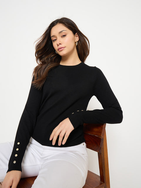 Madame Black Solid Sweater with Cuff Sleeves