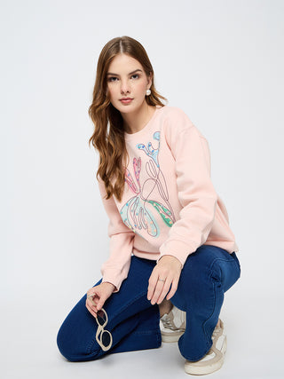 Madame Embellished Print Cotton Blend Peach Sweatshirt
