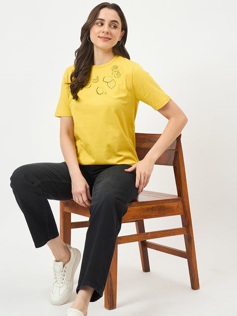 Madame Yellow Cotton Half-Sleeve T-Shirt