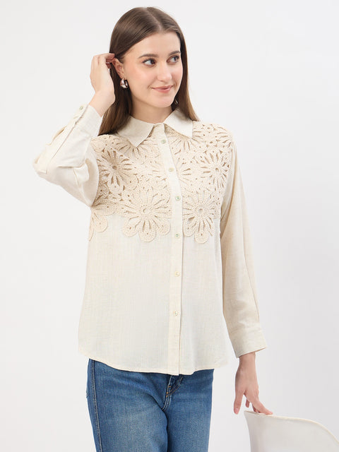 Madame Embroidery Patchwork Beige Viscose Shirt