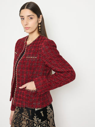 Madame Round Neck Embellished Maroon Tweed Coat