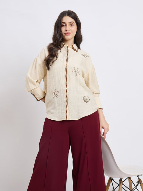 Madame Beige Rayon Linen Blend Shirt