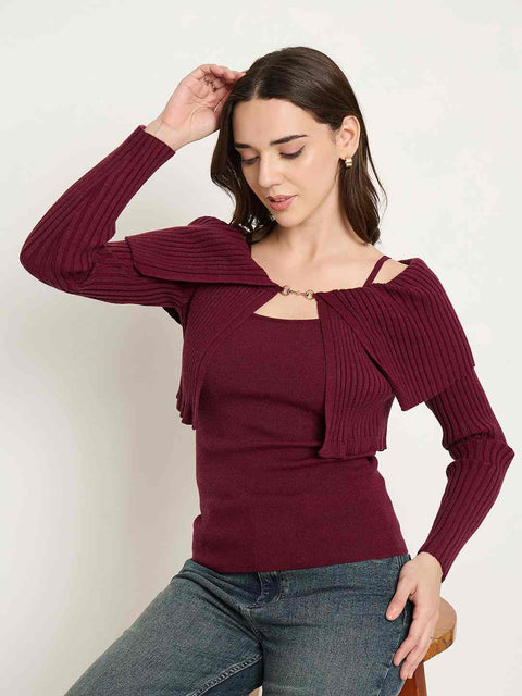 Madame Twisted Ruffle Detail Wine Red Sweater