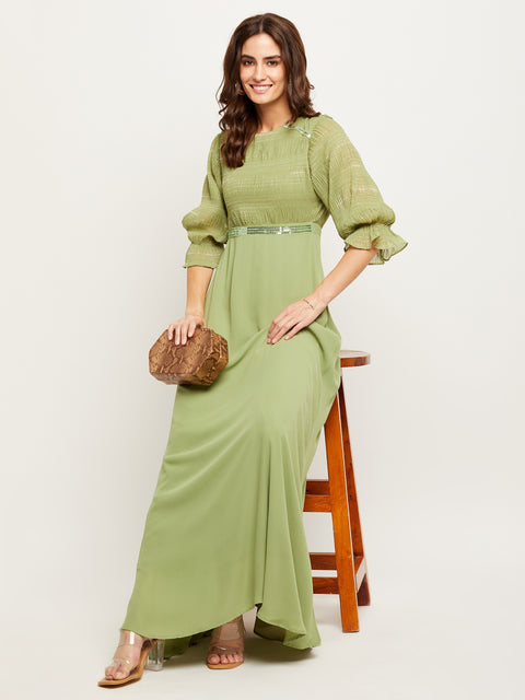 Madame Green Embellished Puff Sleeve Fit-Flare Dress