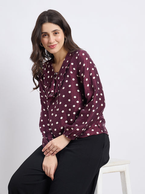Madame Wine Polka Dot Print Ruffle Collar Top