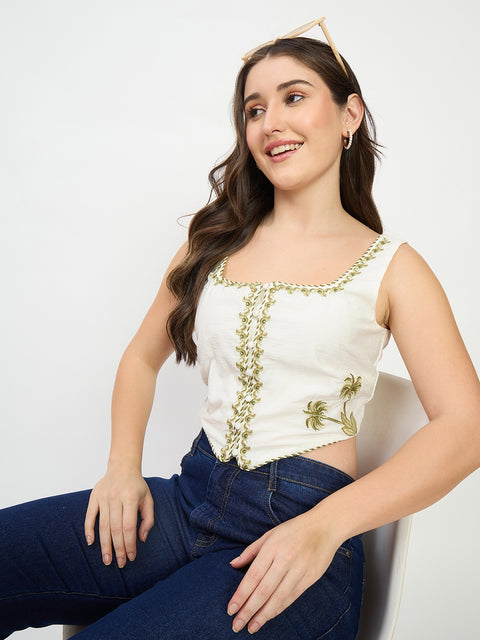 Madame Embroidered Off White Viscose Crop Top