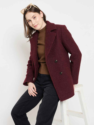 Madame Maroon Coat with Double Breasted Buttons and Notched Collar